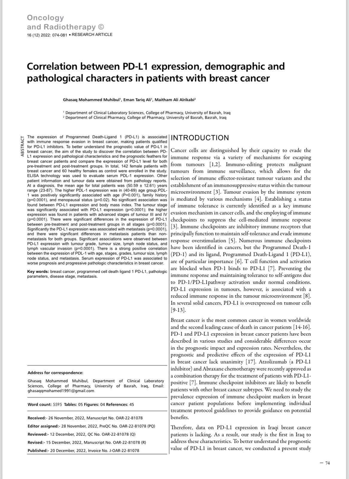 البحث المنشور في مجلة Onkologia i Radioterapia