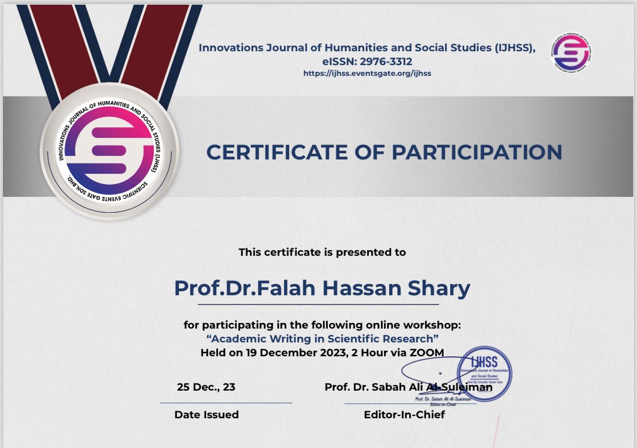 Academic Writing Workshop Participation Certificate for Prof. Dr. Falah Hassan Shari