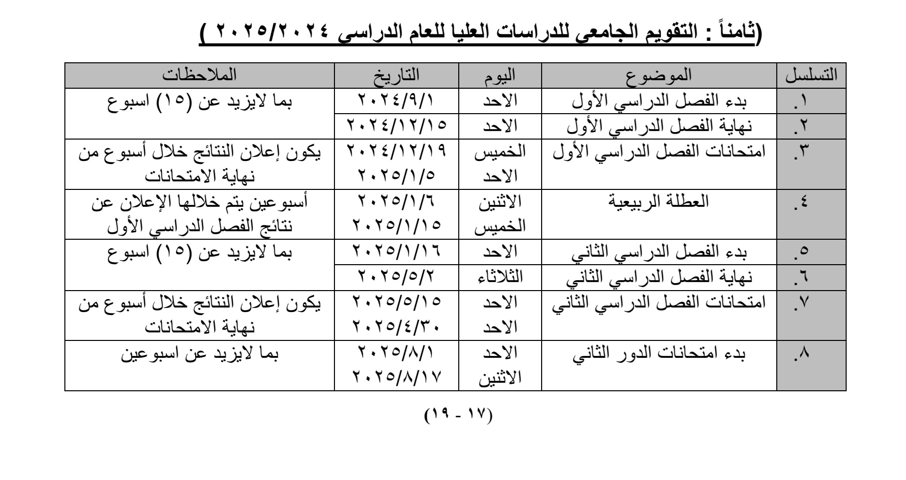 University Calendar for Postgraduate Studies 2024-2025