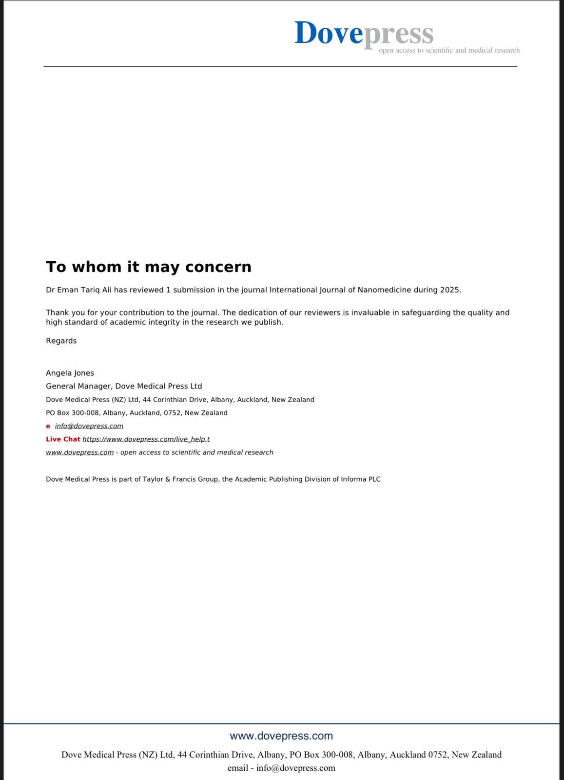 مقيم علمي لمجلة طب النانو الدولية Q1